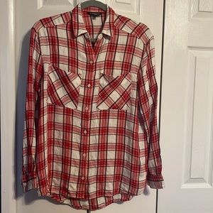 Express long sleeve button down red and white flannel high low shirt size XS